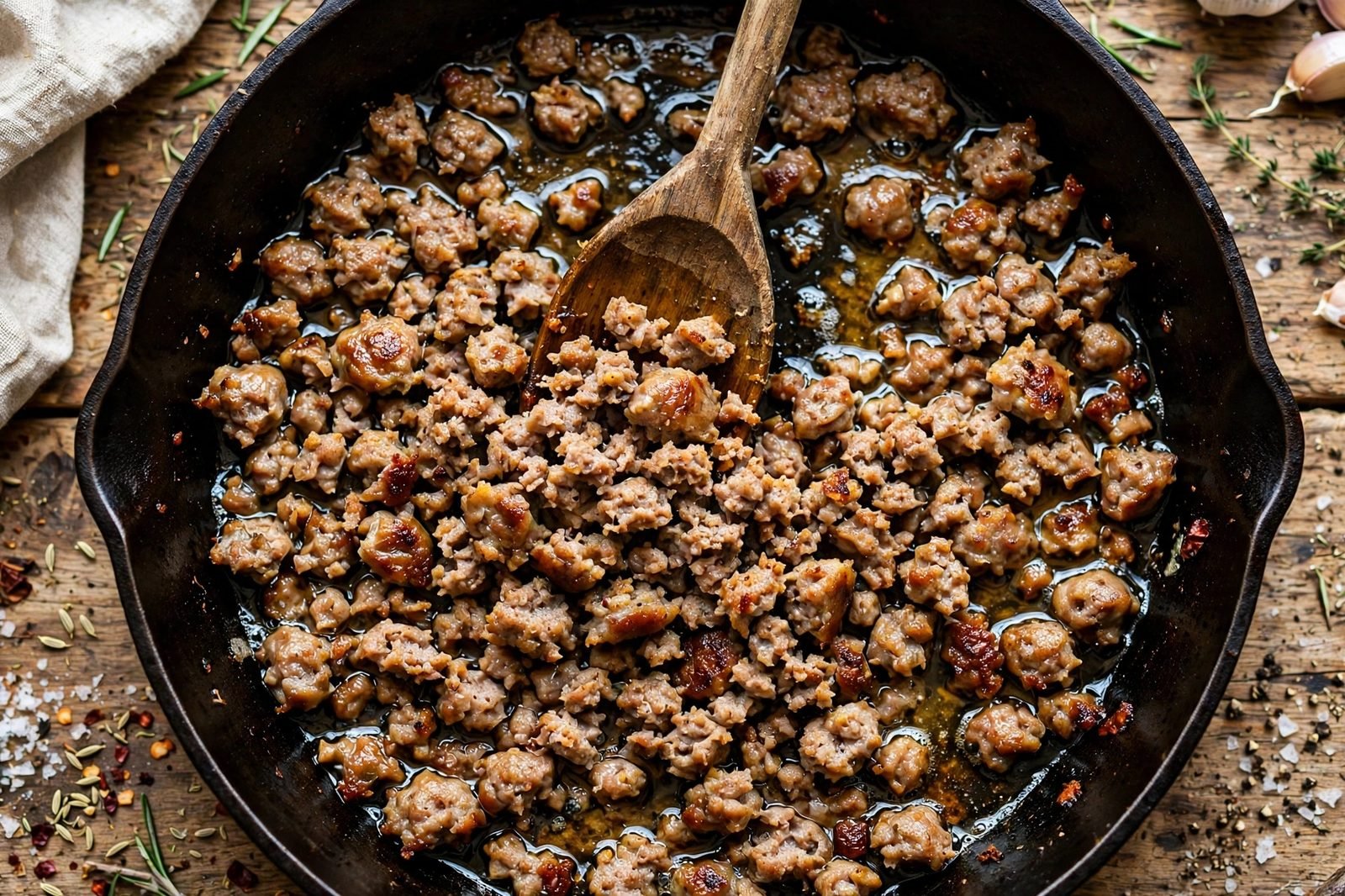 Italian turkey sausage browning in bite-size crumbles in a pot