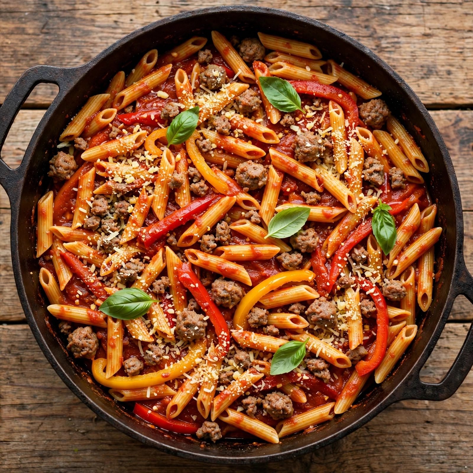 One pot of sausage and peppers pasta with penne, sausage crumbles, bell peppers, Parmesan, and basil