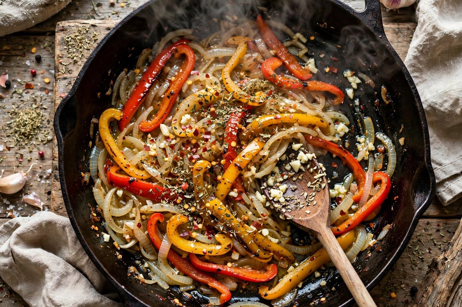 Garlic, Italian seasoning, and red pepper flakes cooking with the vegetables