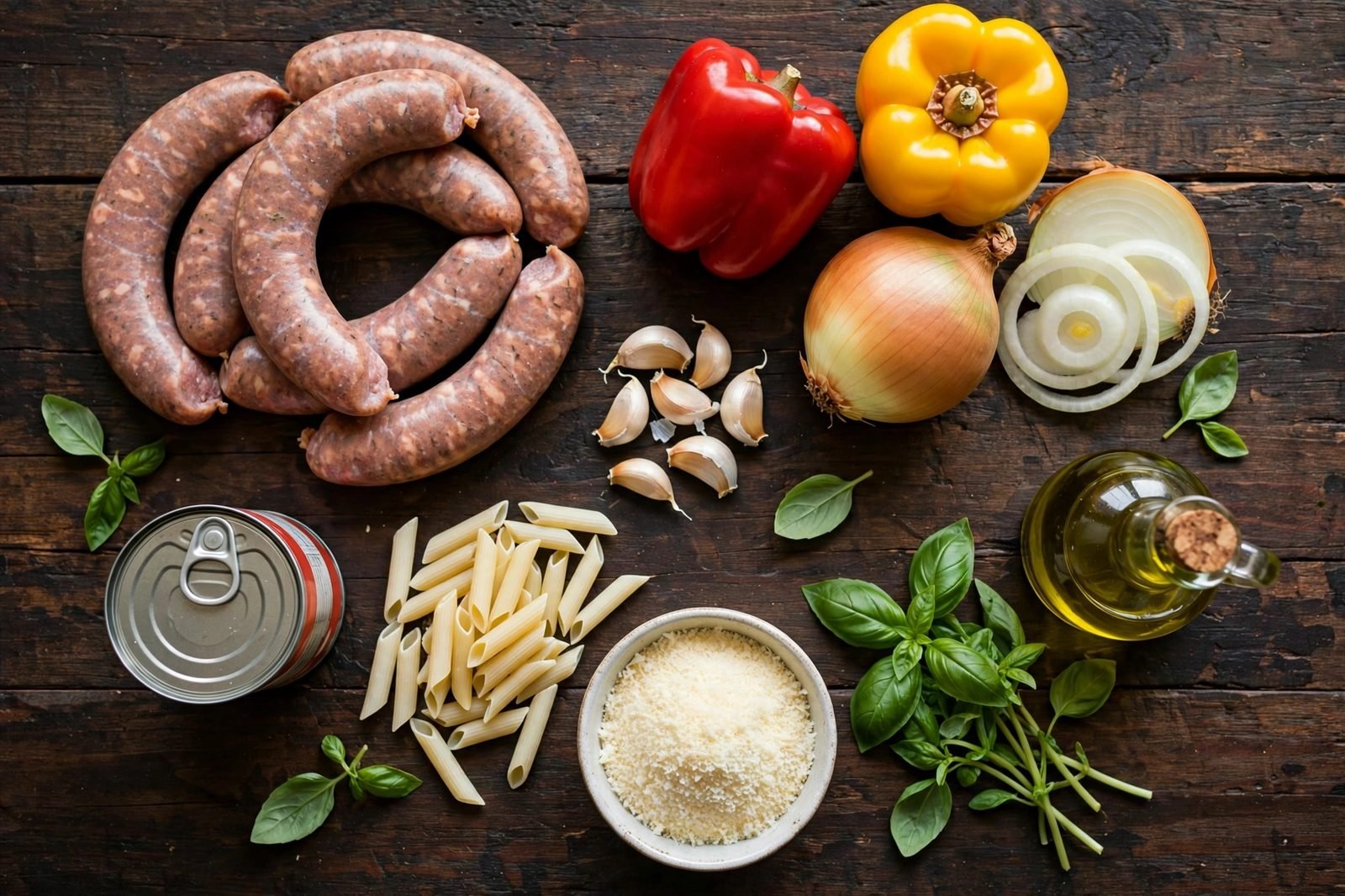 Ingredients for sausage and peppers pasta arranged on a counter