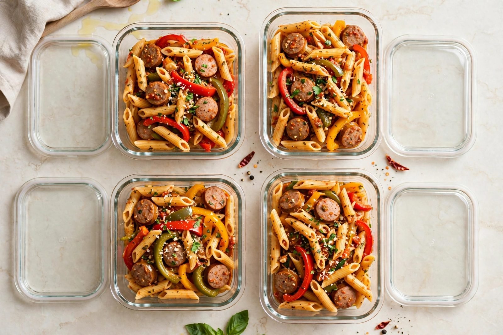 Meal prep containers filled with sausage and peppers pasta