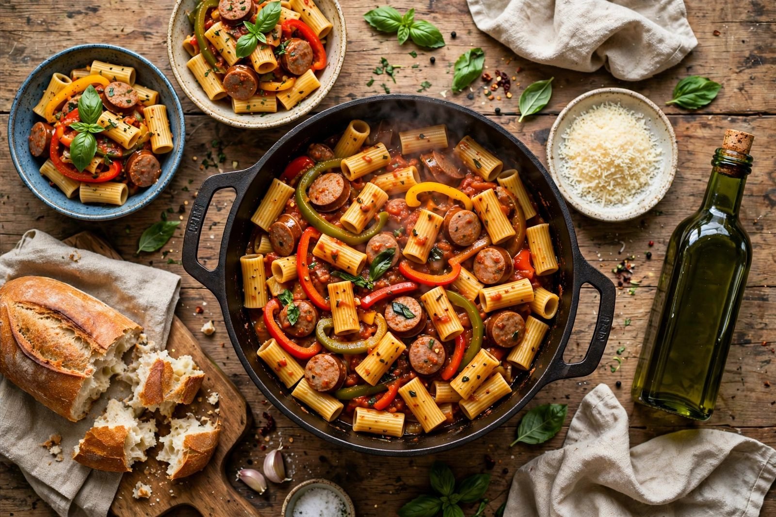 Overhead spread of sausage and peppers pasta with bread and serving bowls