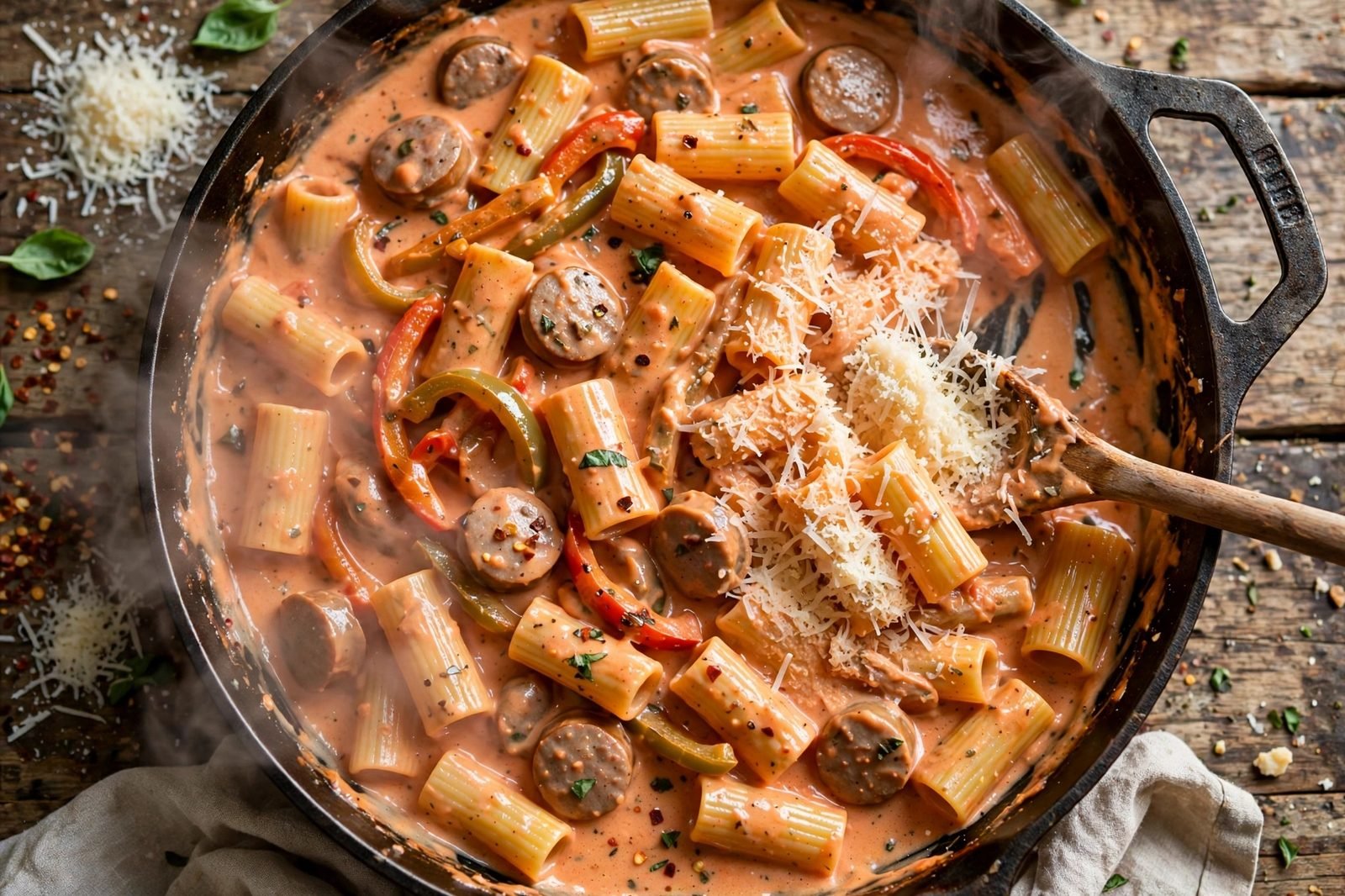 Parmesan stirred into the pasta off the heat