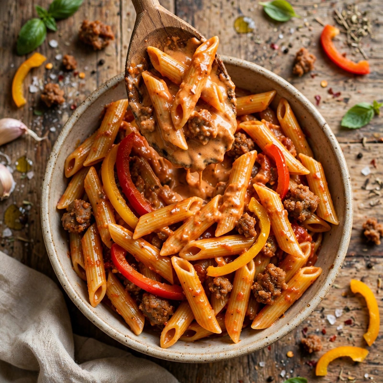 Penne nearly done with a glossy tomato sauce