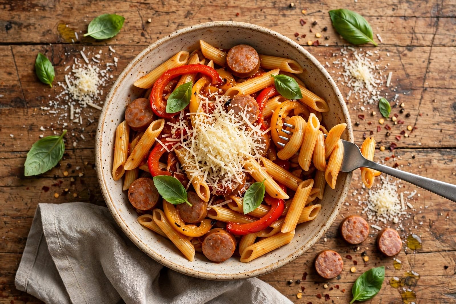 Served bowl of sausage and peppers pasta with fresh basil and Parmesan
