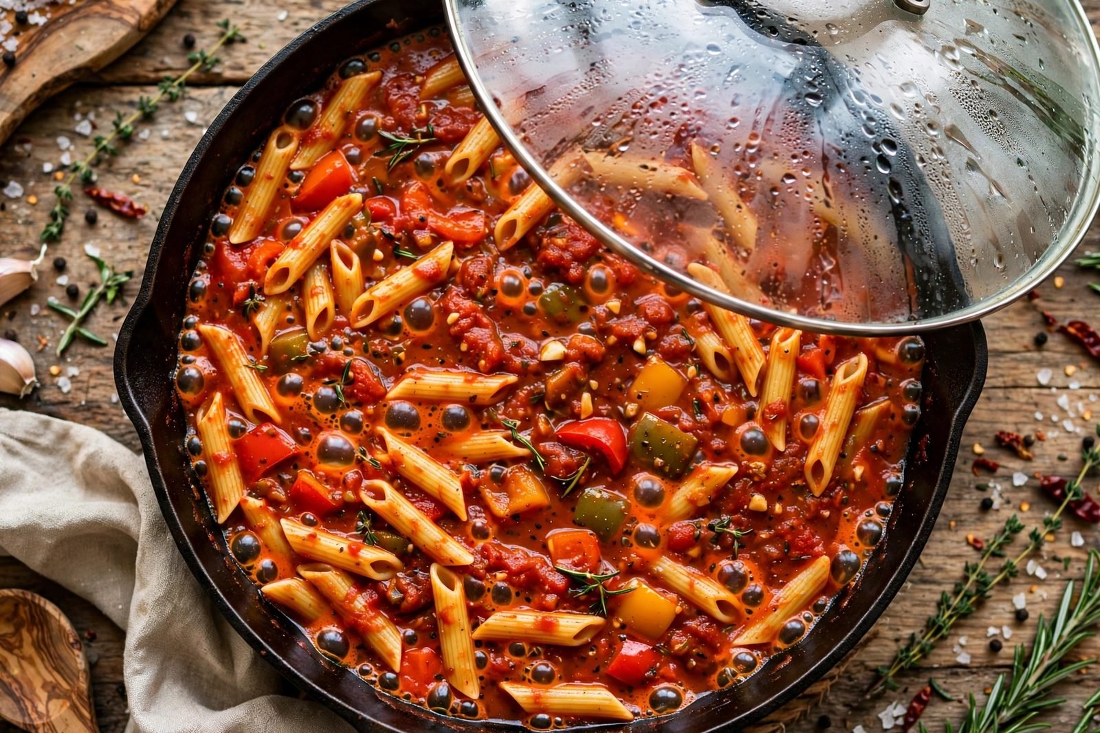 Pasta simmering covered in tomato sauce