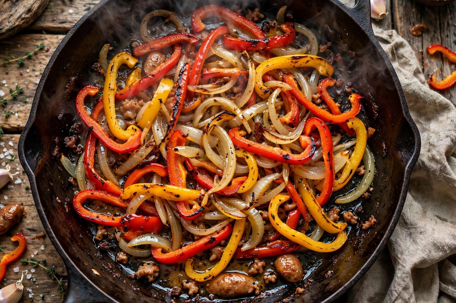 Onion and bell peppers softening in the pot