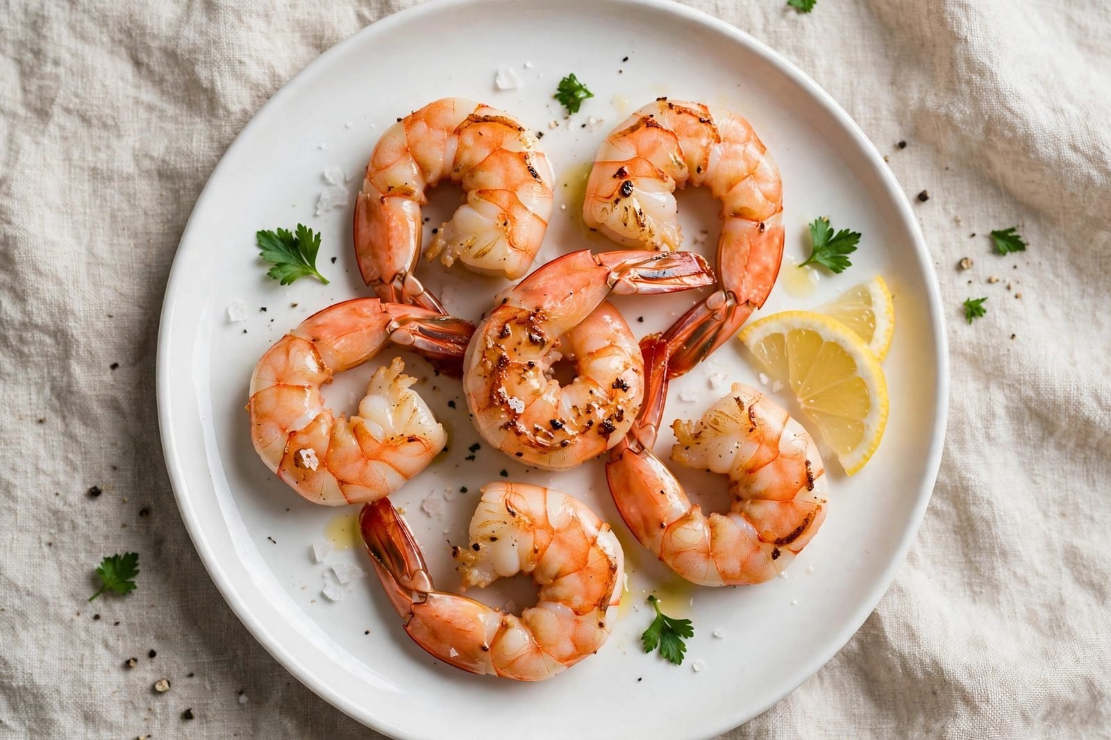 Seared shrimp resting on a plate