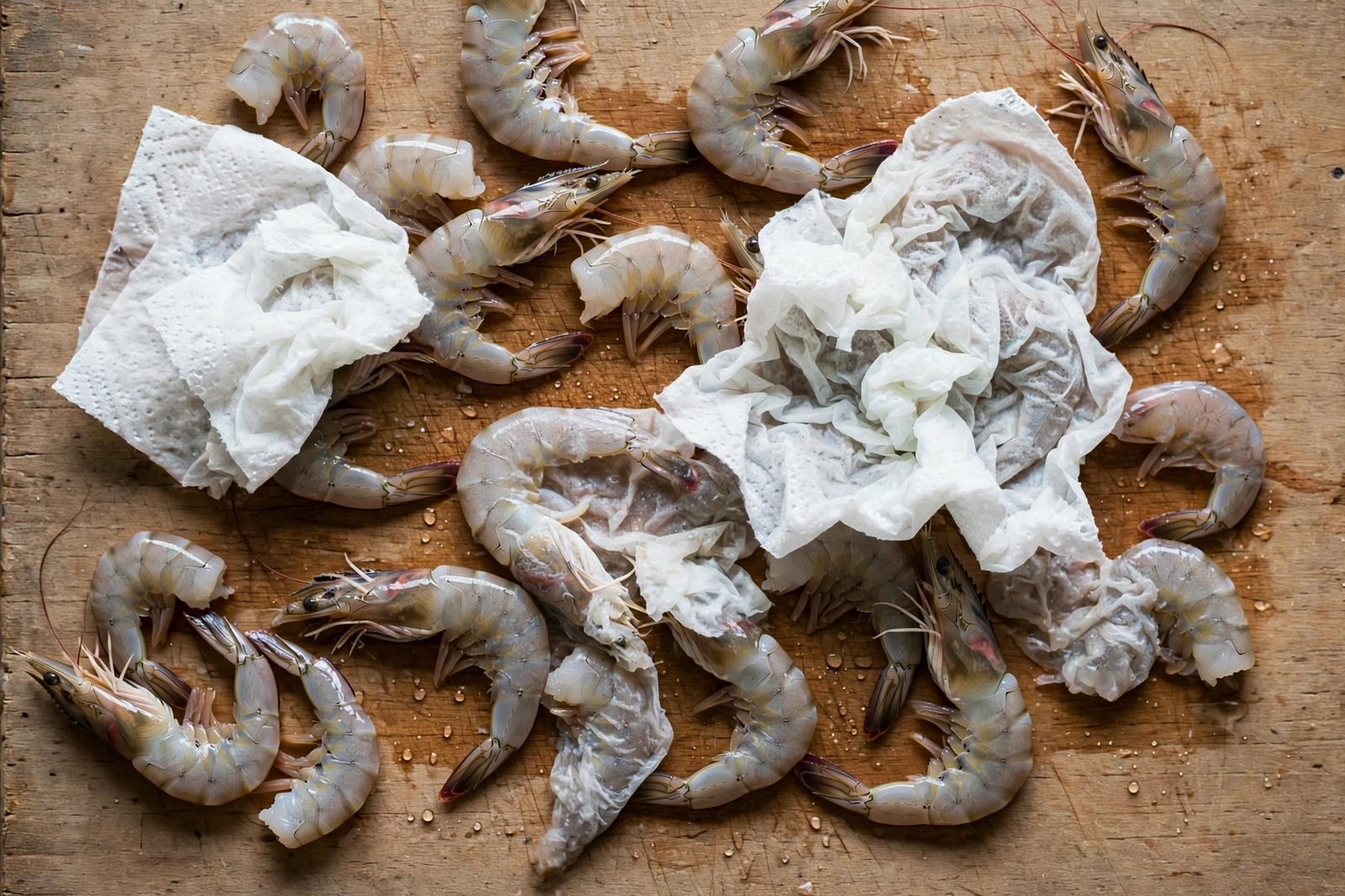 Raw shrimp being patted dry with paper towels before searing