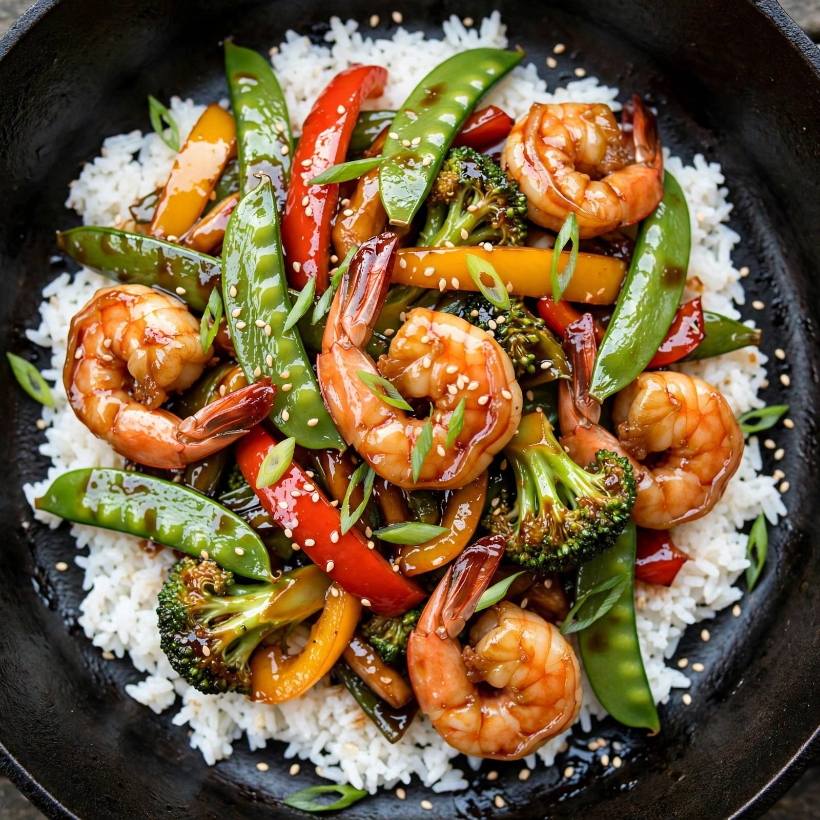 Overhead of teriyaki shrimp stir fry with snap peas, bell peppers, broccoli in glossy teriyaki glaze, topped with sesame seeds and green onions