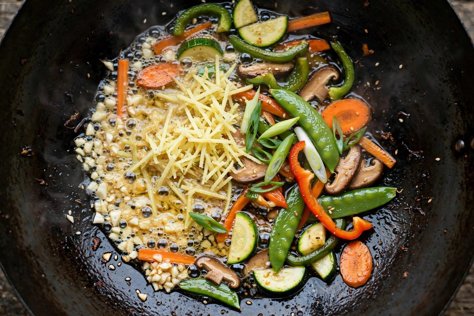 Minced garlic and fresh ginger sizzling in the wok