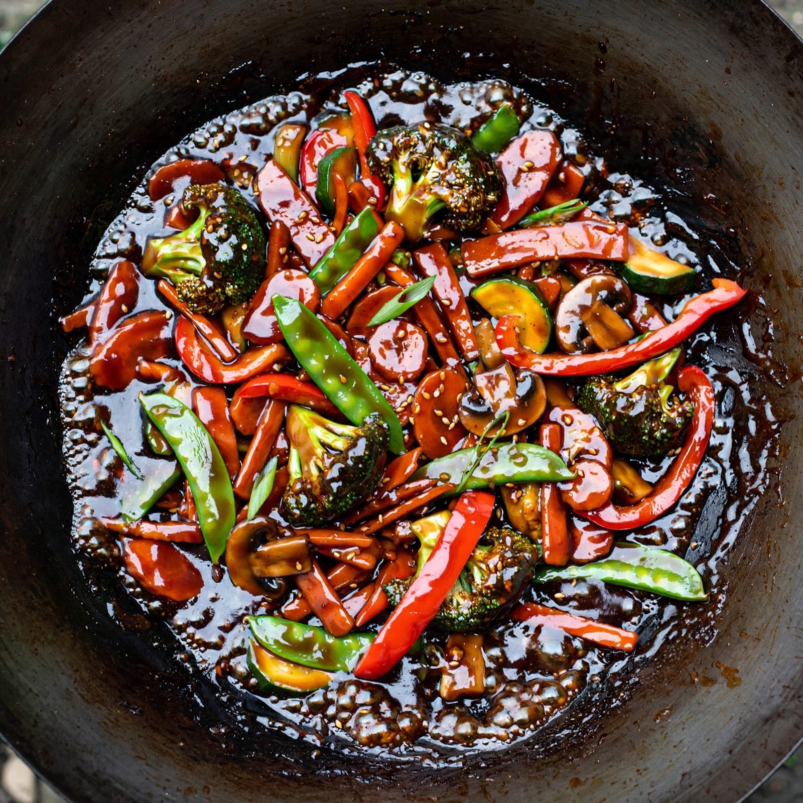Teriyaki sauce thickening to a glossy glaze over stir-fried vegetables
