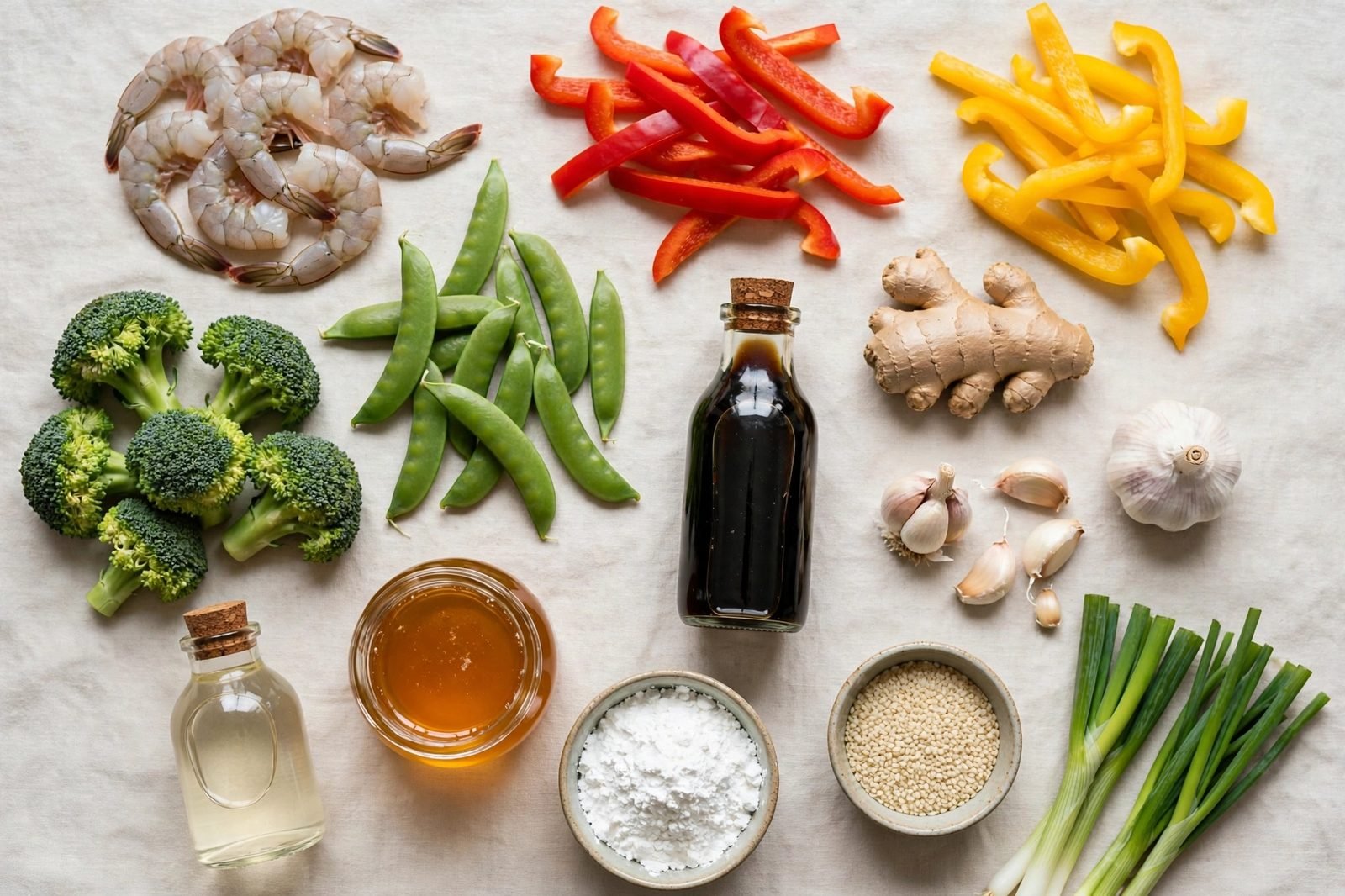 Ingredients for teriyaki shrimp stir fry arranged on a countertop