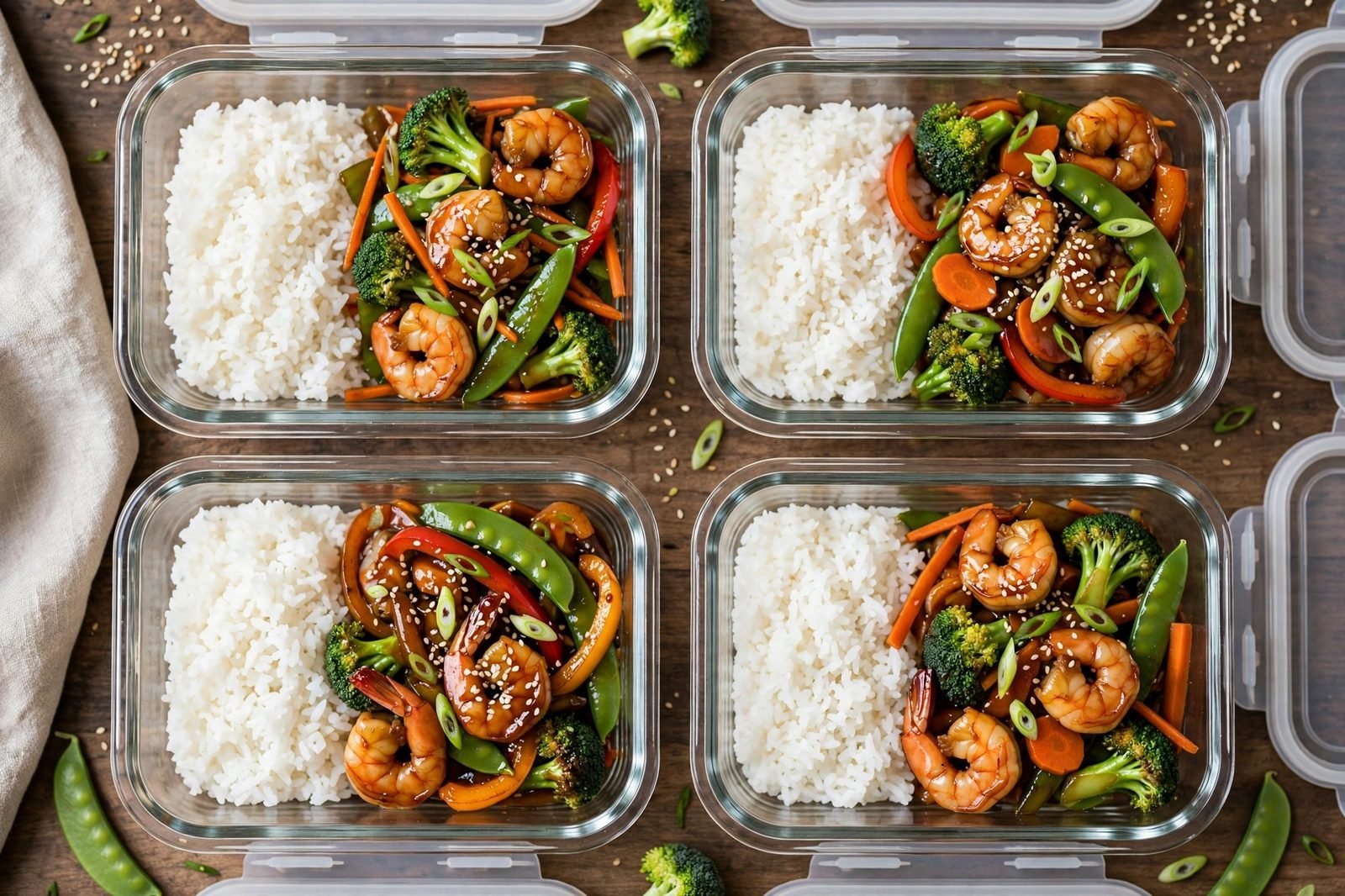 Teriyaki shrimp stir fry portioned into meal-prep containers with rice