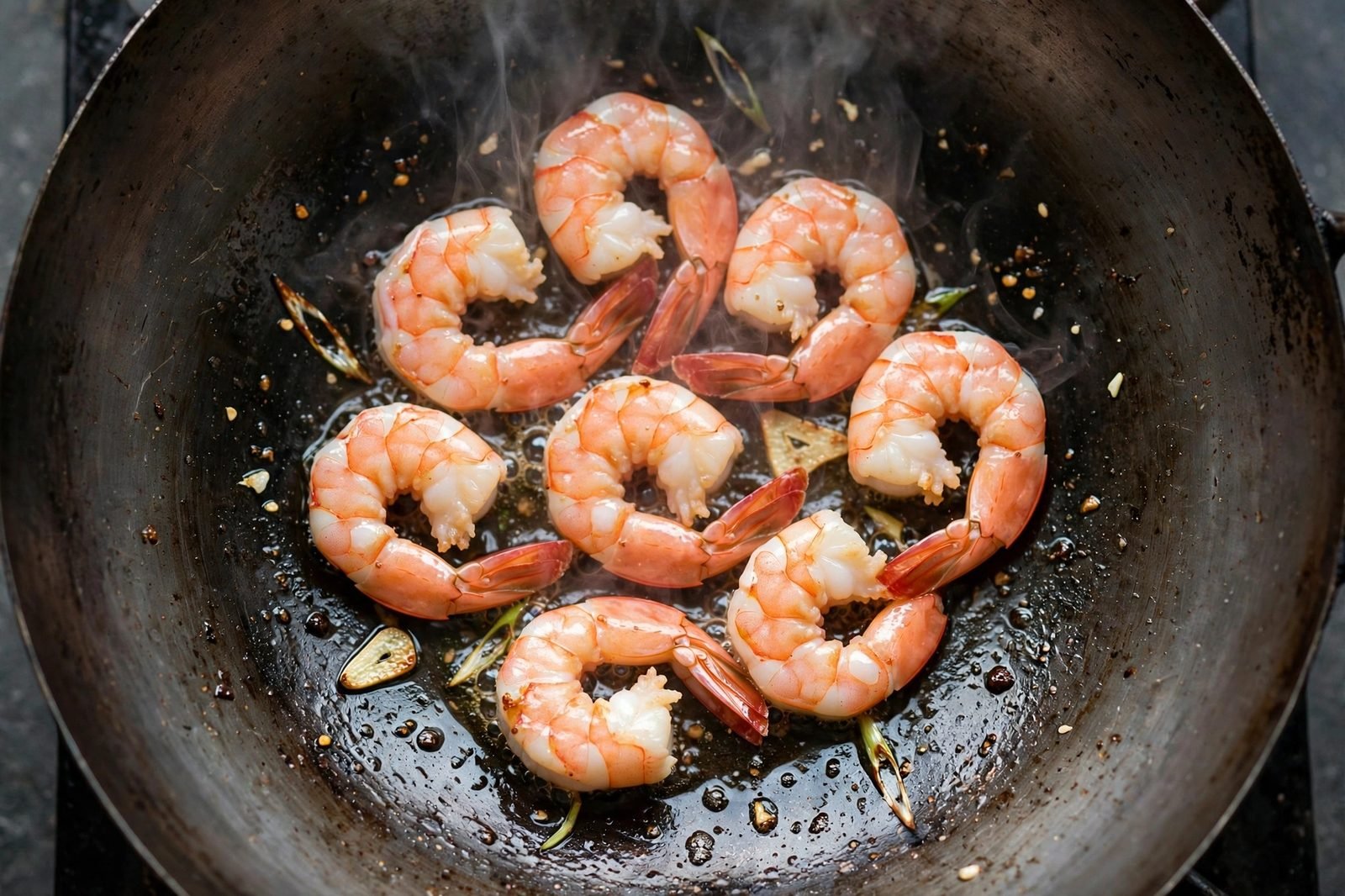 Shrimp searing in a hot wok until pink