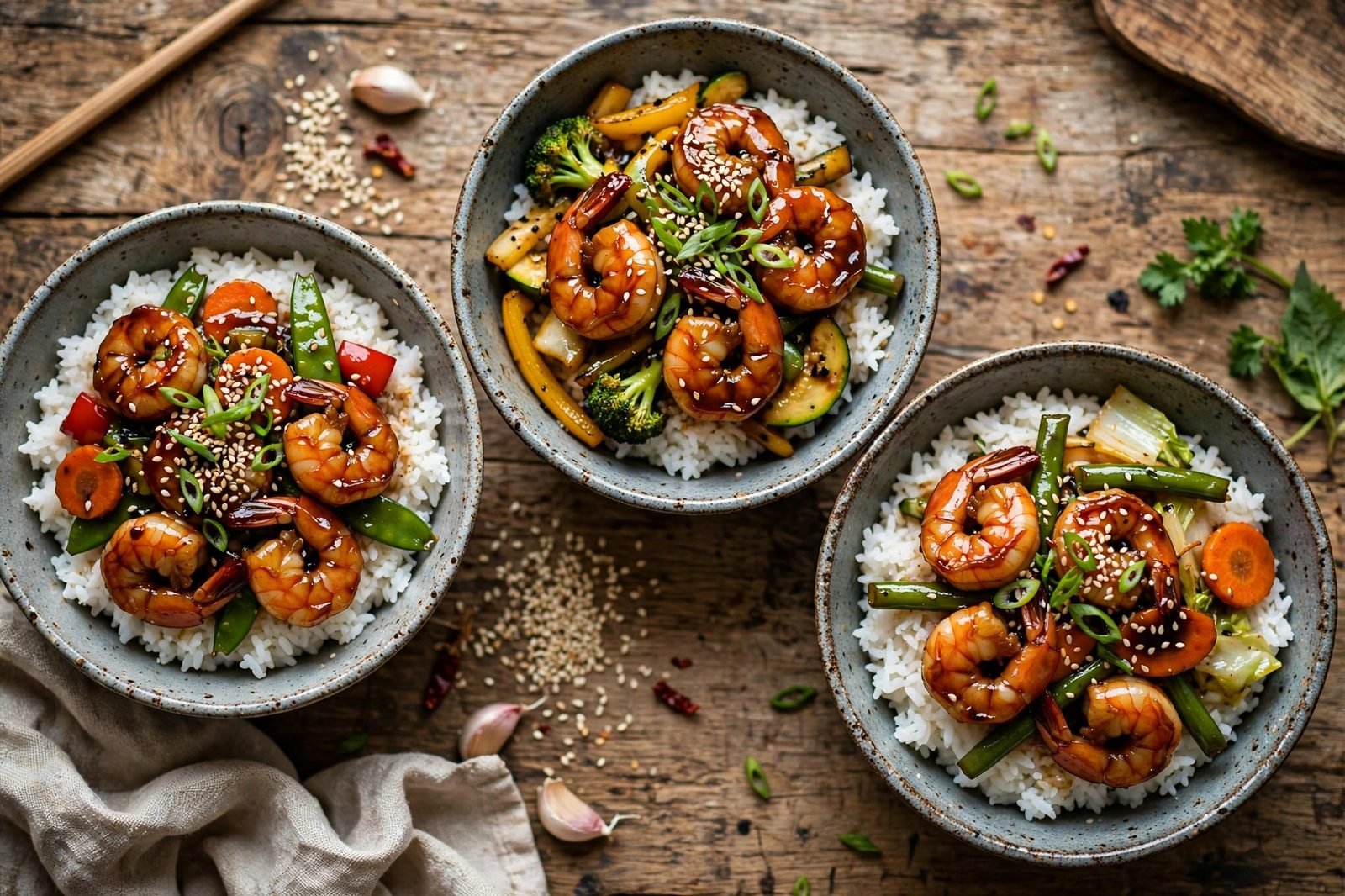 Bowls of rice topped with teriyaki shrimp and vegetable stir fry