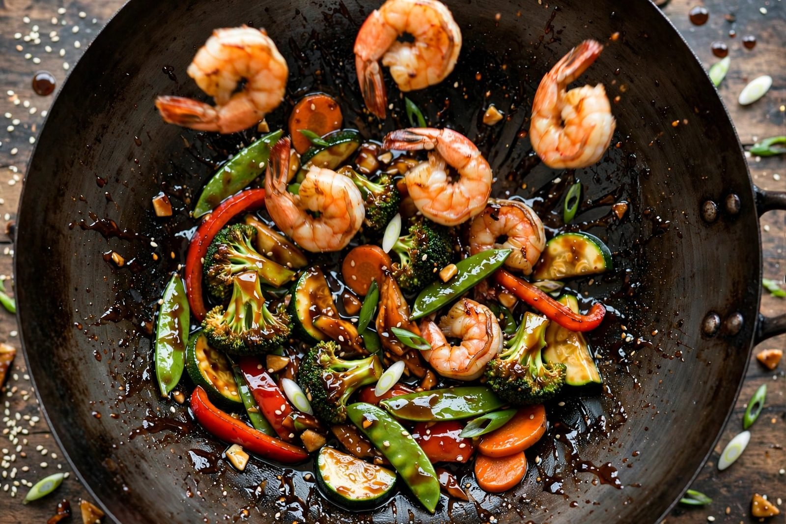 Seared shrimp tossed back into the teriyaki-glazed vegetables