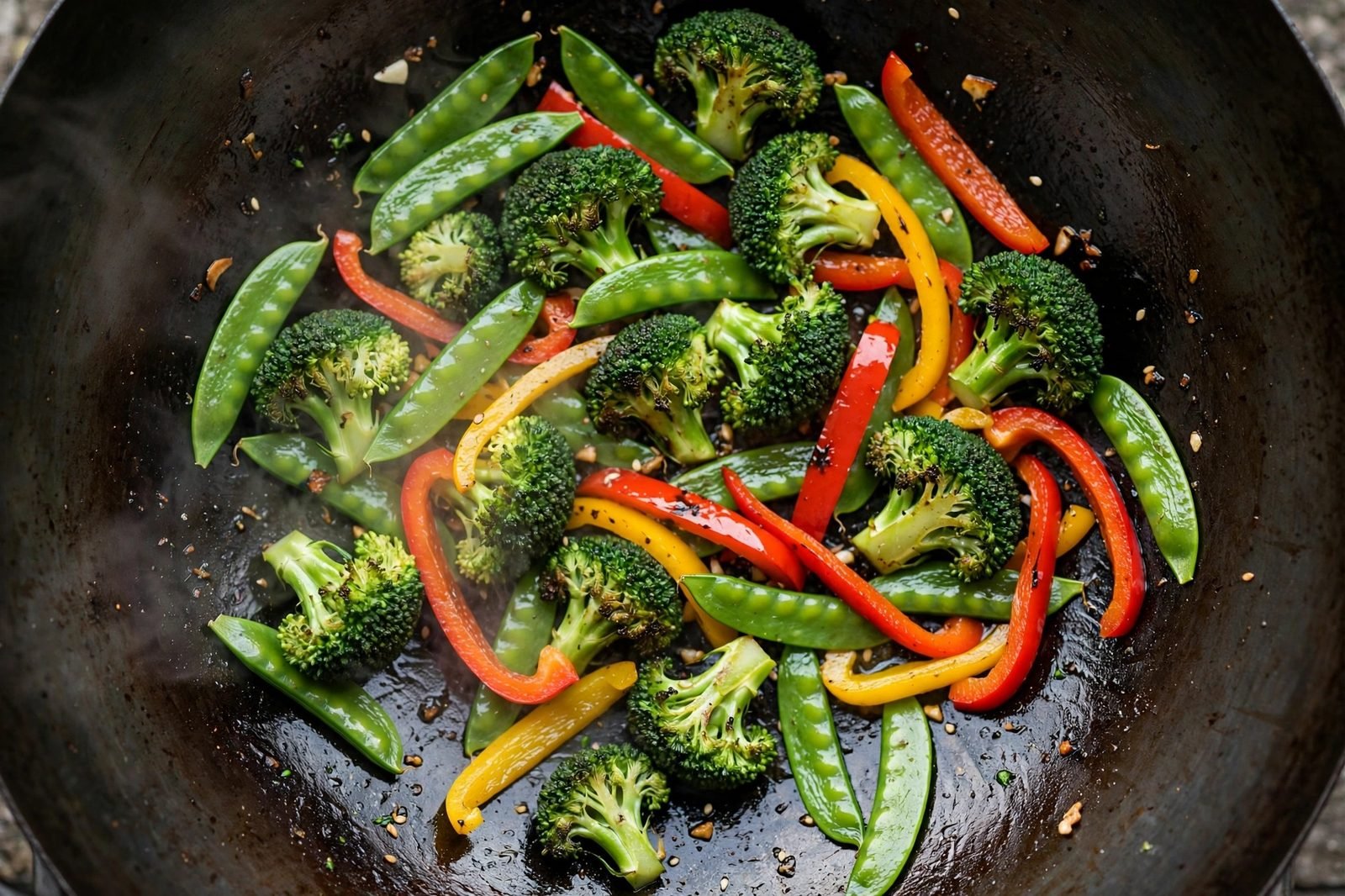 Broccoli, snap peas, and bell peppers stir-frying in a hot wok