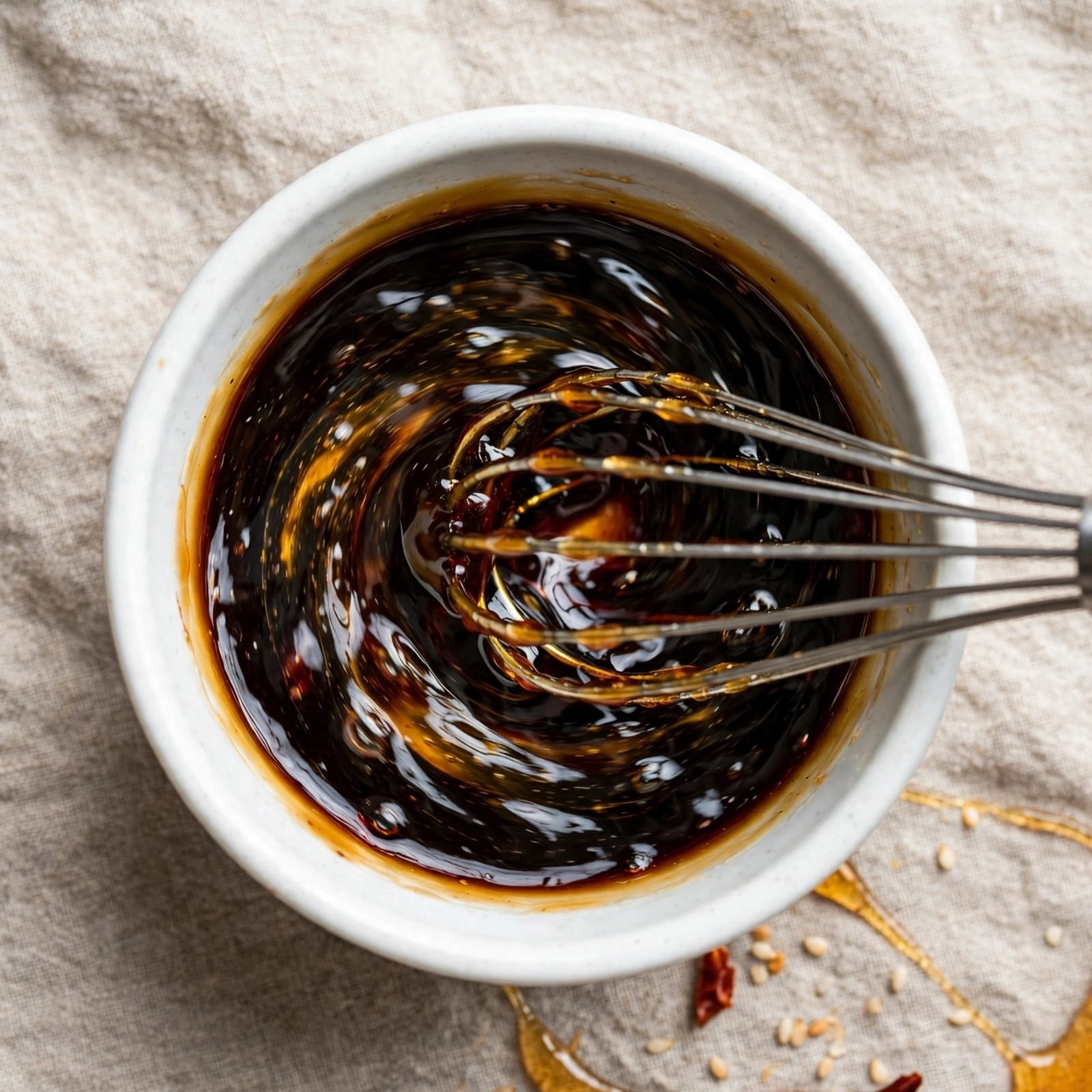 Homemade teriyaki sauce being whisked in a small bowl