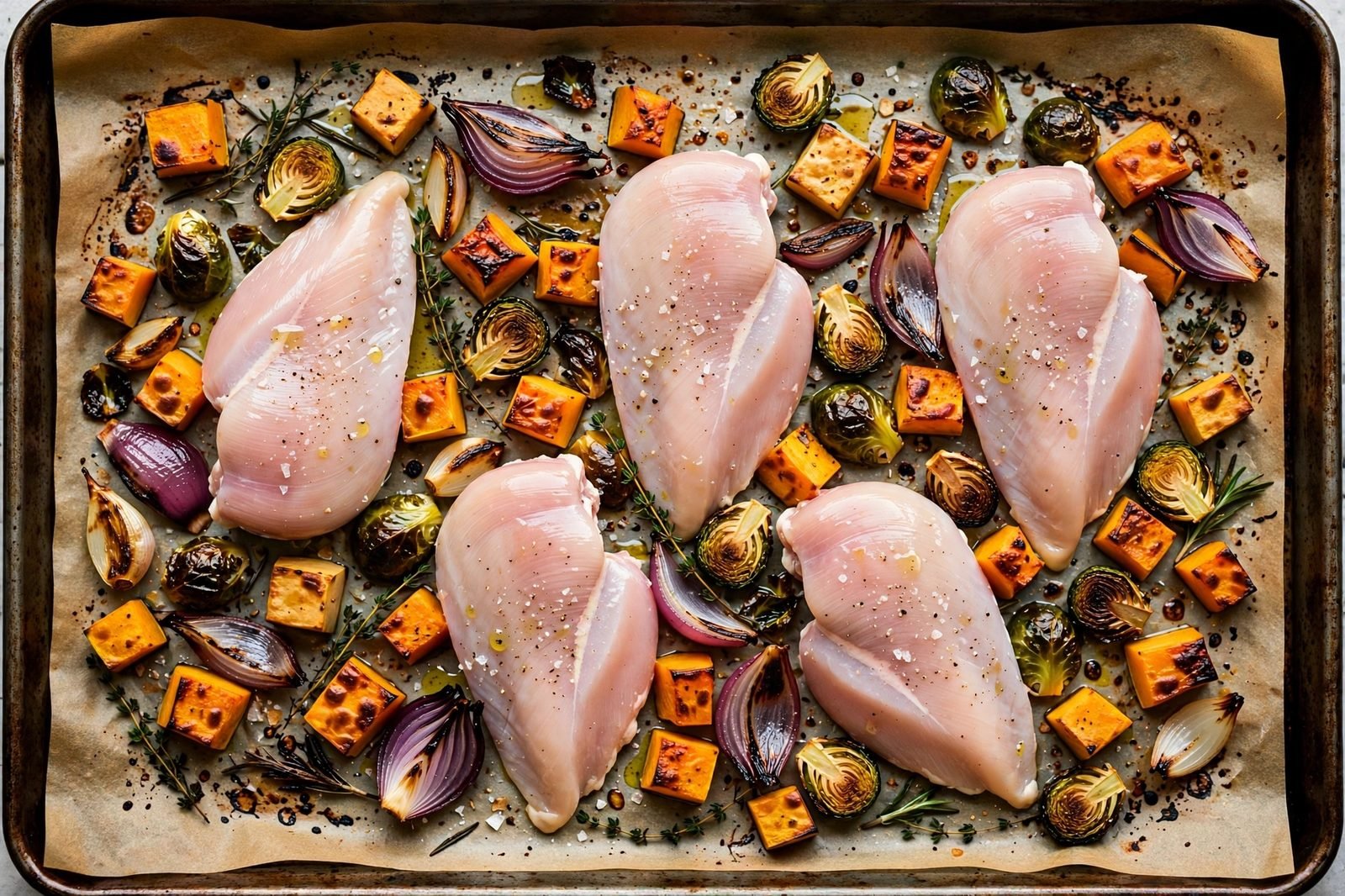 Chicken pieces nestled between the roasted vegetables on the sheet pan