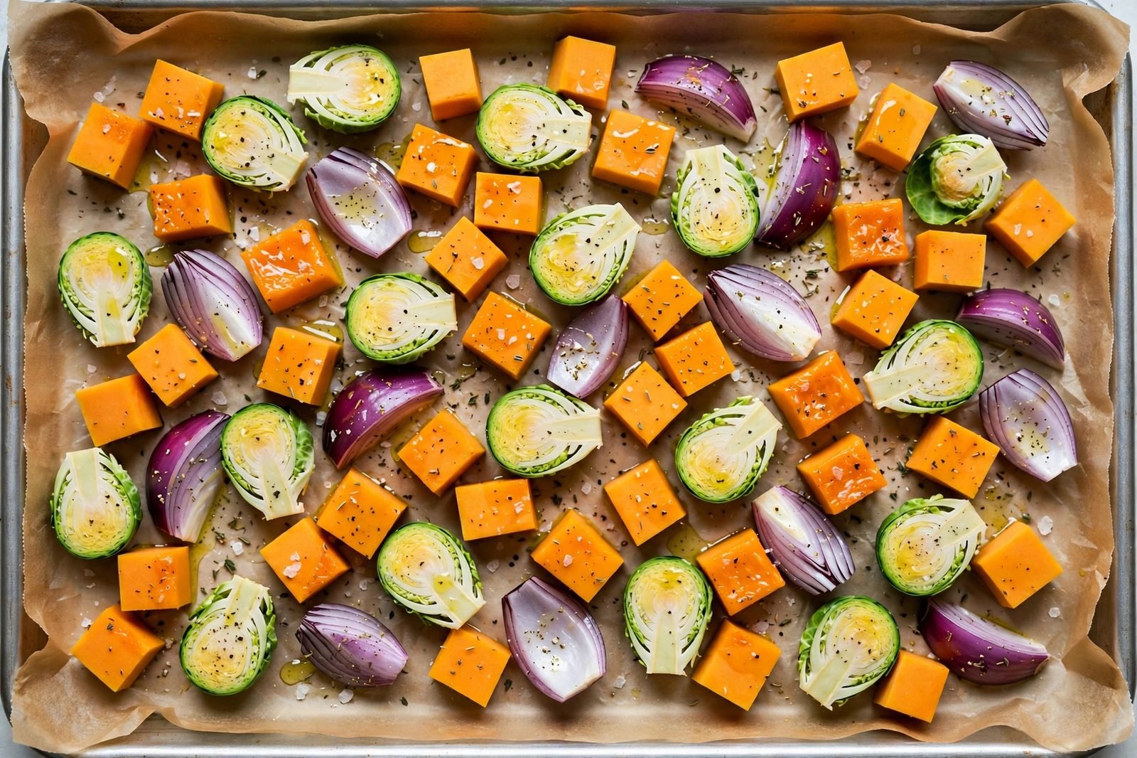 Vegetables spread in a single layer on a parchment-lined sheet pan