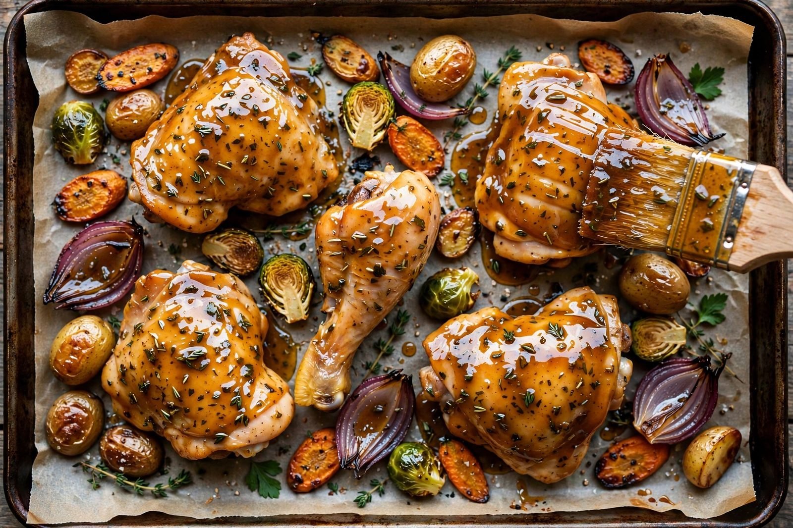 Maple-Dijon glaze being brushed over chicken and vegetables