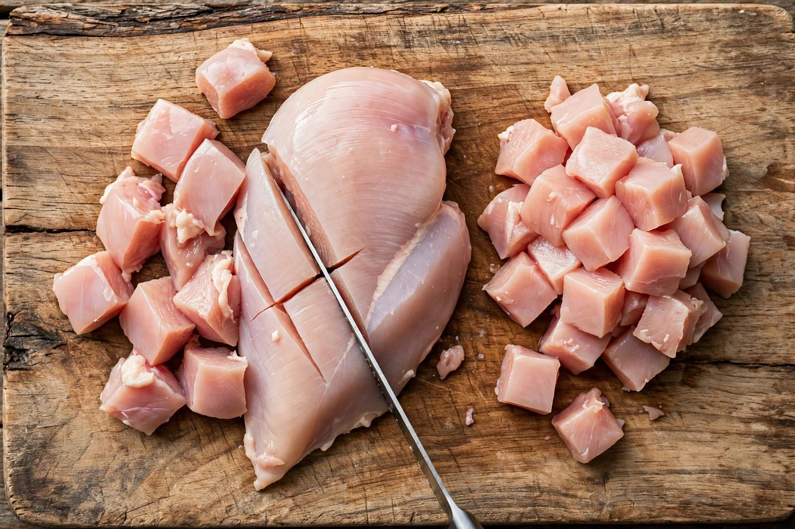 Chicken breast being cut into 1-inch pieces on a cutting board