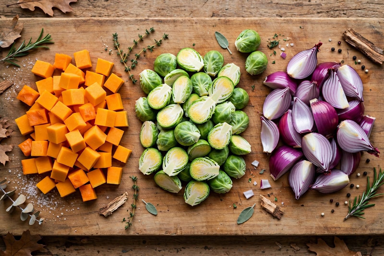 Cubed butternut squash, halved Brussels sprouts, and red onion wedges on a cutting board