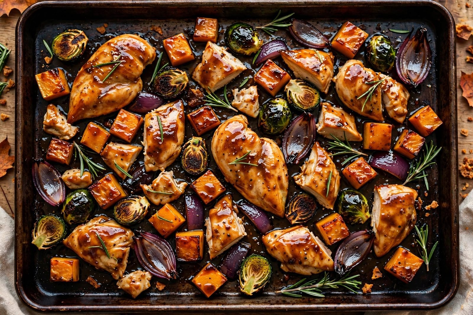 Sheet pan of roasted chicken pieces with caramelized butternut squash, Brussels sprouts, and red onion in a glossy maple-Dijon glaze with rosemary