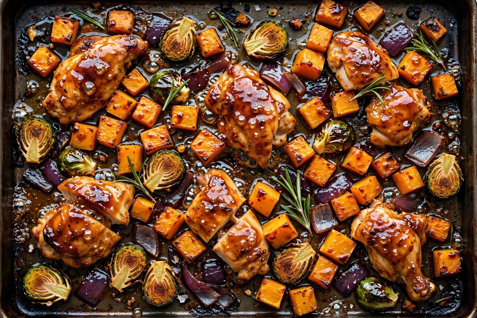 Caramelized finish on the sheet pan with bubbling glossy glaze and crispy sprout edges