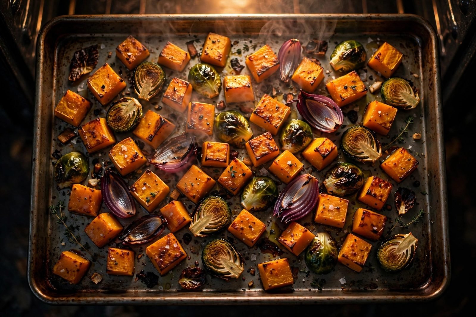 Vegetables mid-roast with golden edges, Brussels sprouts flat-side down