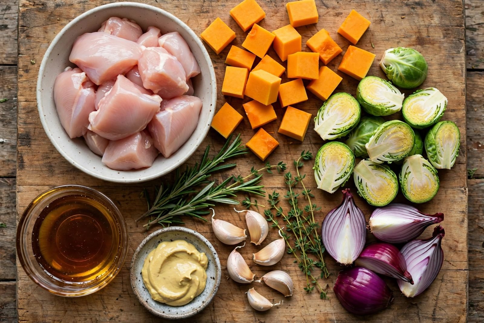 Ingredients for sheet pan chicken and fall veggies: raw chicken pieces, cubed butternut, halved sprouts, red onion, maple syrup, Dijon, rosemary, and thyme