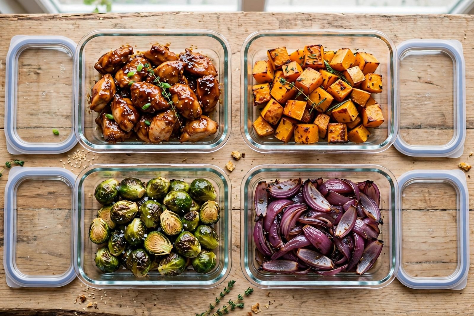 Portioned containers of chicken and fall vegetables for the week