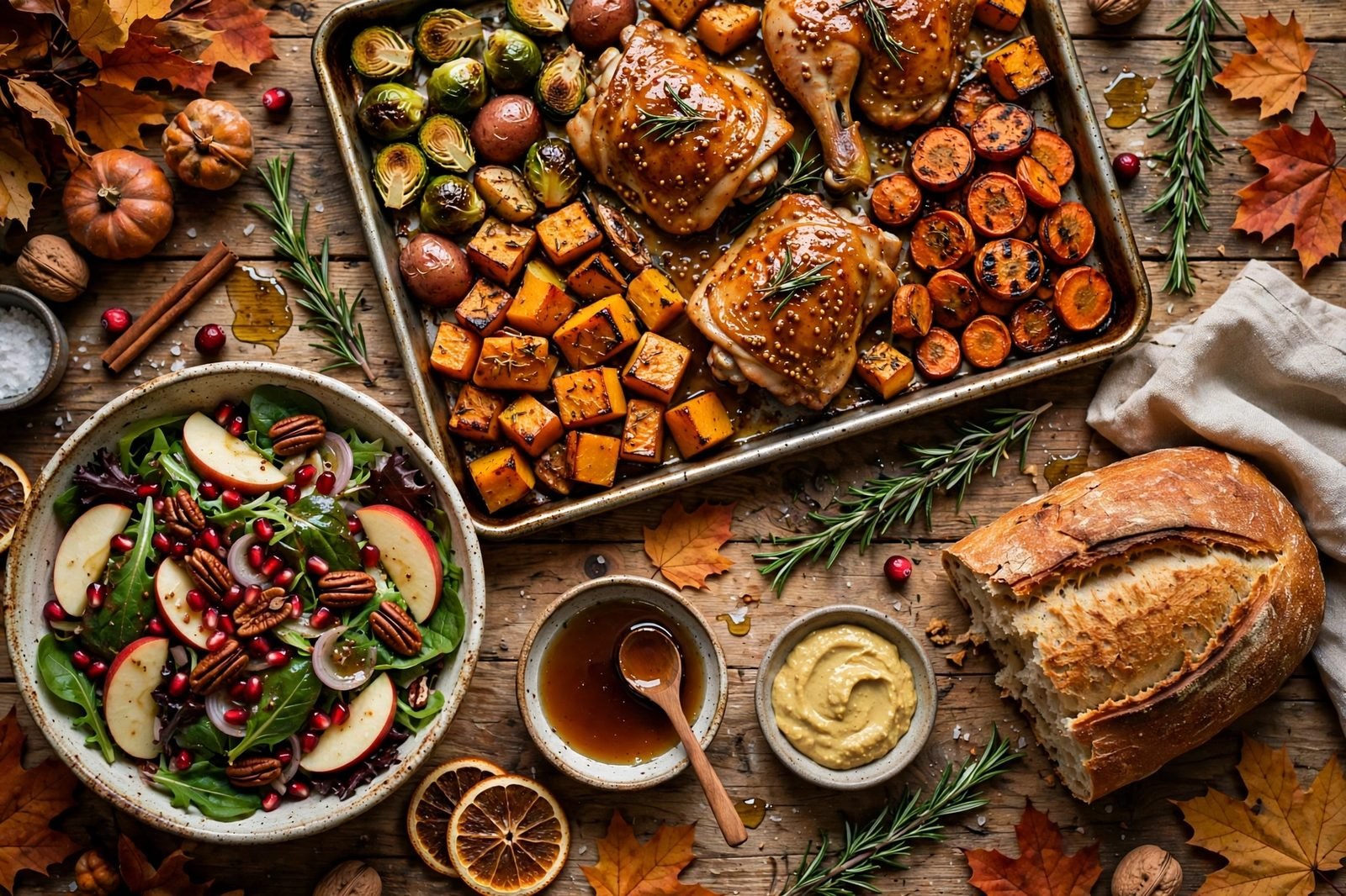 Sheet pan of chicken and fall vegetables on a rustic fall table with rosemary sprigs
