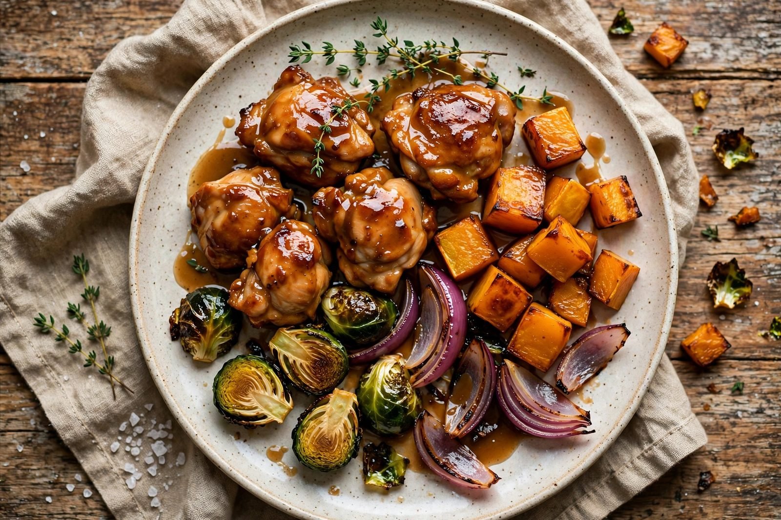 Plated chicken and fall vegetables with pan juices drizzled over