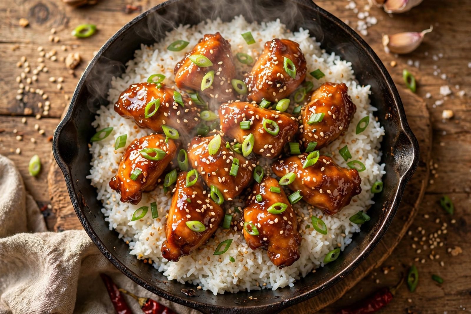 Fluffed rice topped with glazed chicken, green onions, and sesame seeds