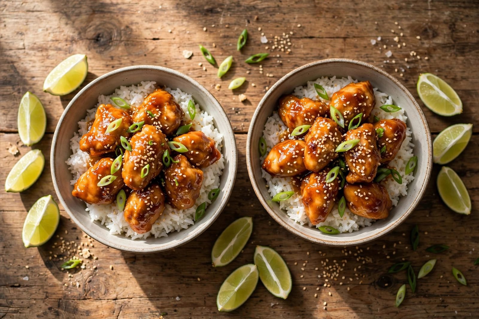 Two bowls of honey sriracha chicken and rice with lime wedges