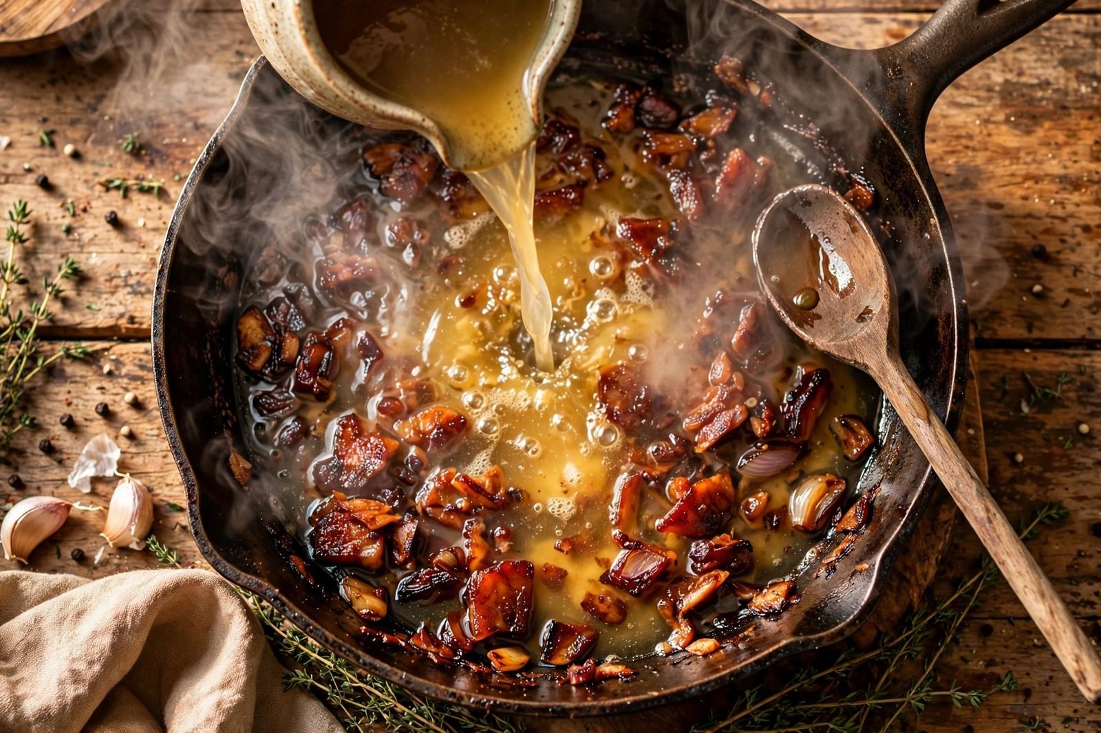 Chicken broth poured into the skillet with caramelized glaze bits