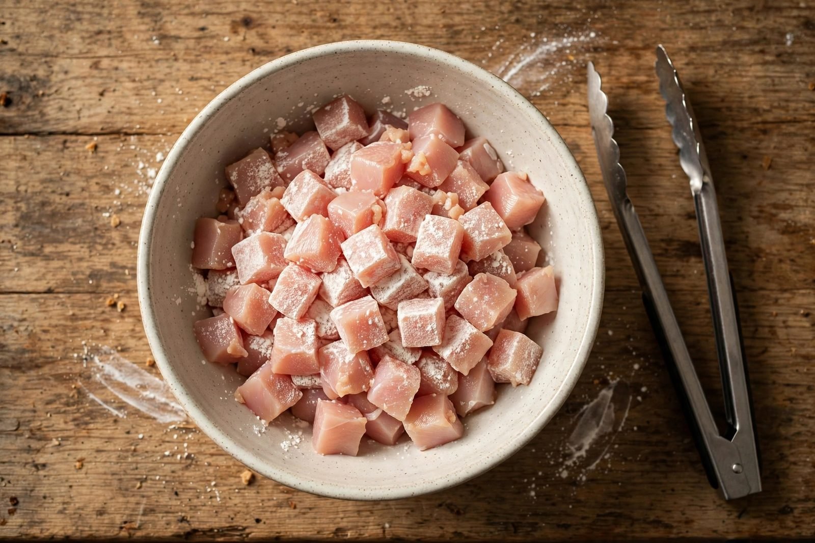 Raw chicken pieces dusted with cornstarch in a bowl