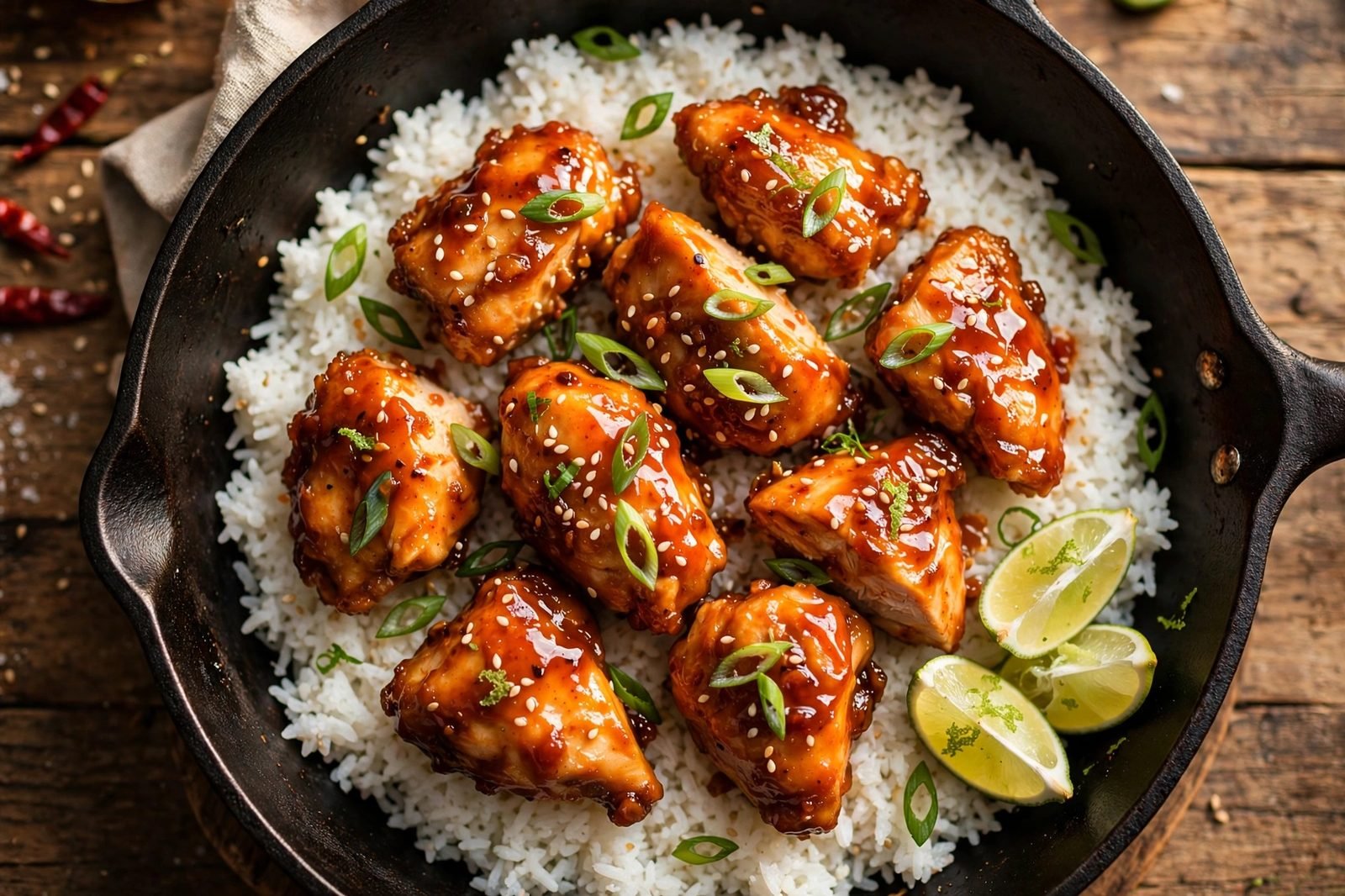 Overhead of finished honey sriracha chicken skillet with glazed chicken over fluffy rice, green onions, and sesame seeds