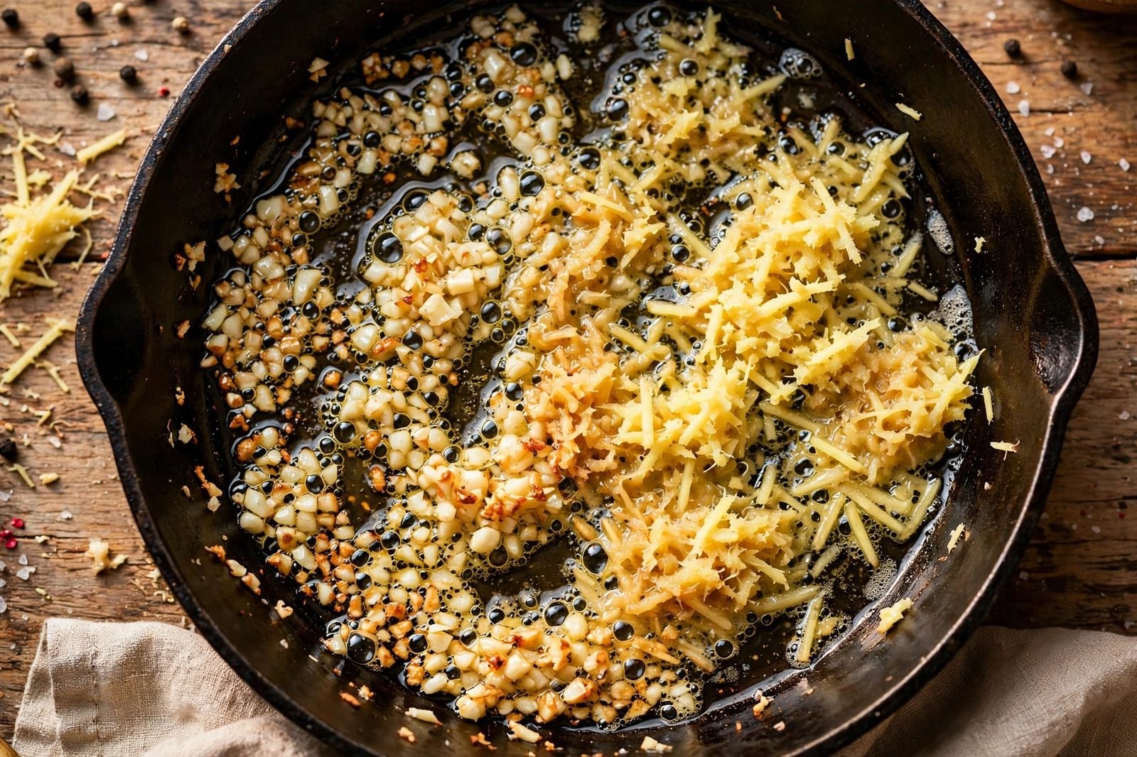 Minced garlic and grated ginger sizzling in the skillet