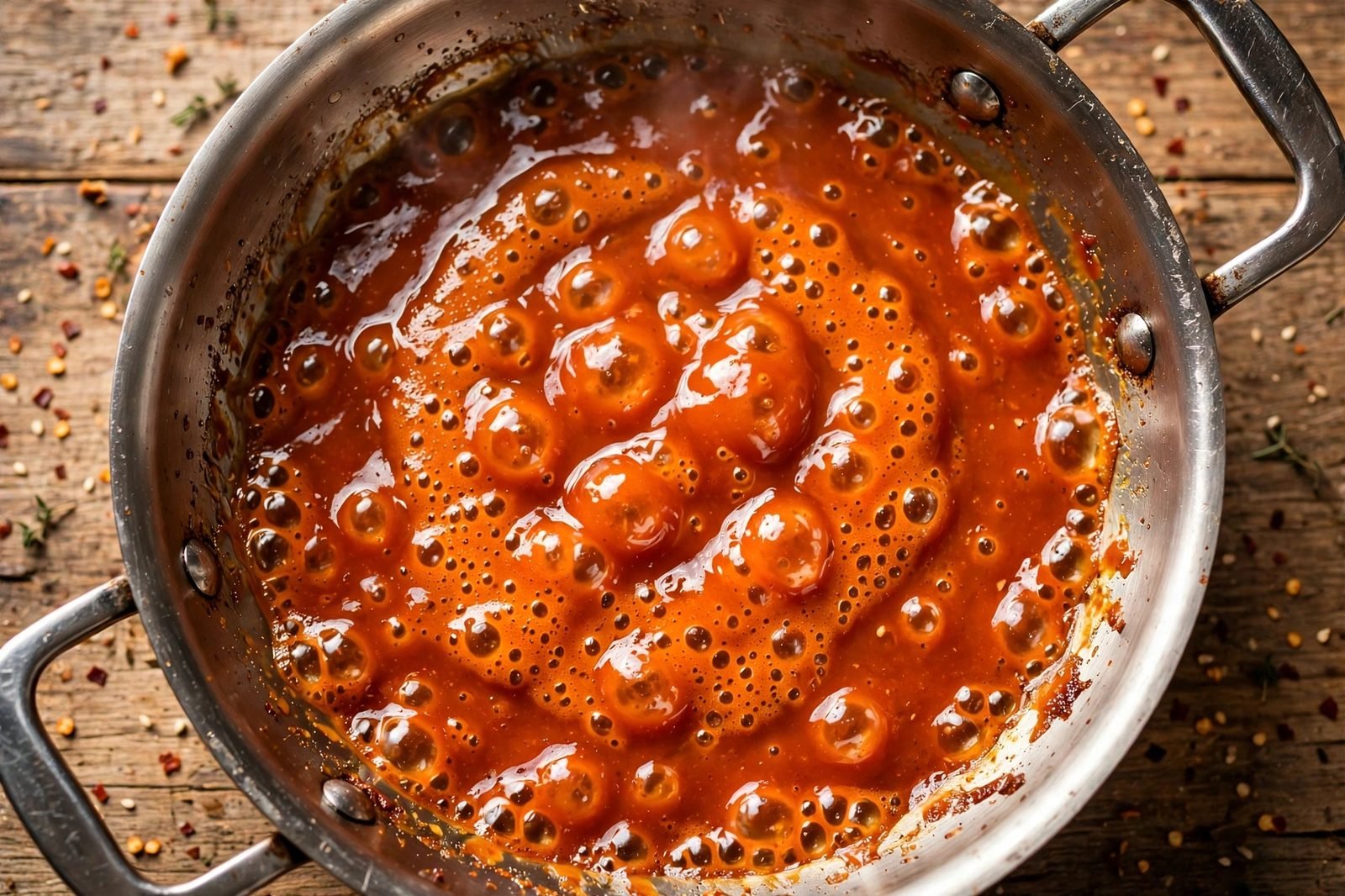 Glossy honey sriracha sauce bubbling in the skillet