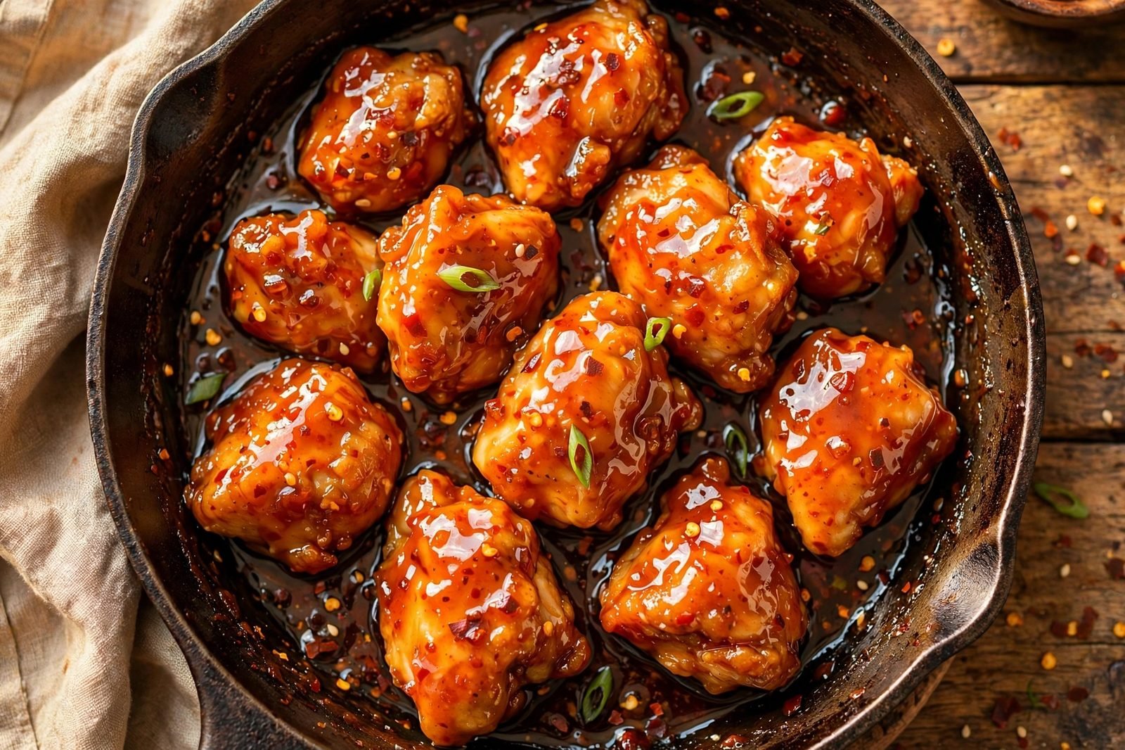 Close-up of chicken pieces coated in glossy orange-red honey sriracha glaze