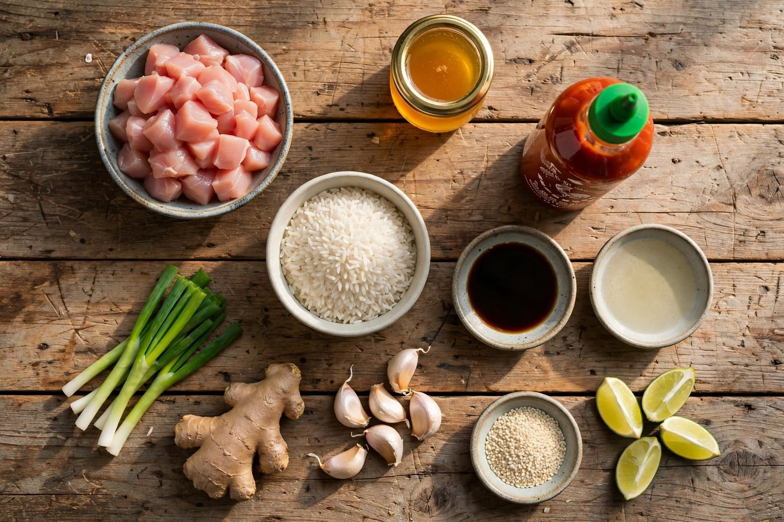 Ingredients for honey sriracha chicken: chicken pieces, honey, sriracha, soy sauce, rice, garlic, ginger
