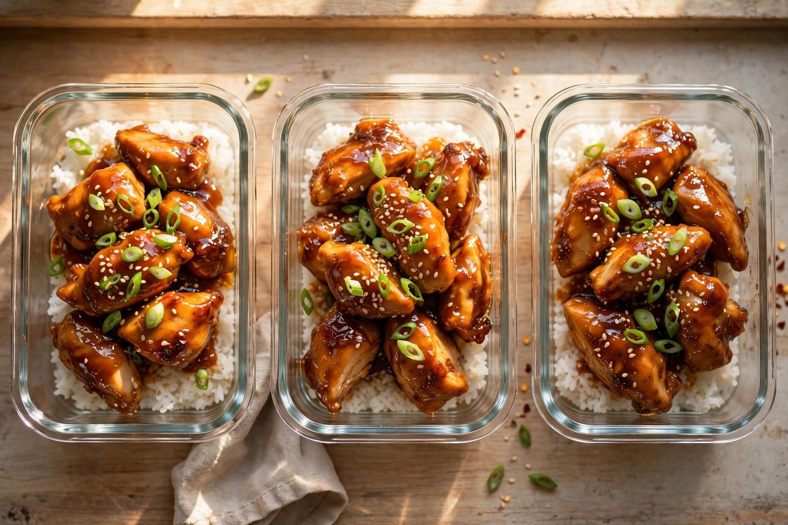 Glass meal-prep containers portioned with honey sriracha chicken and rice