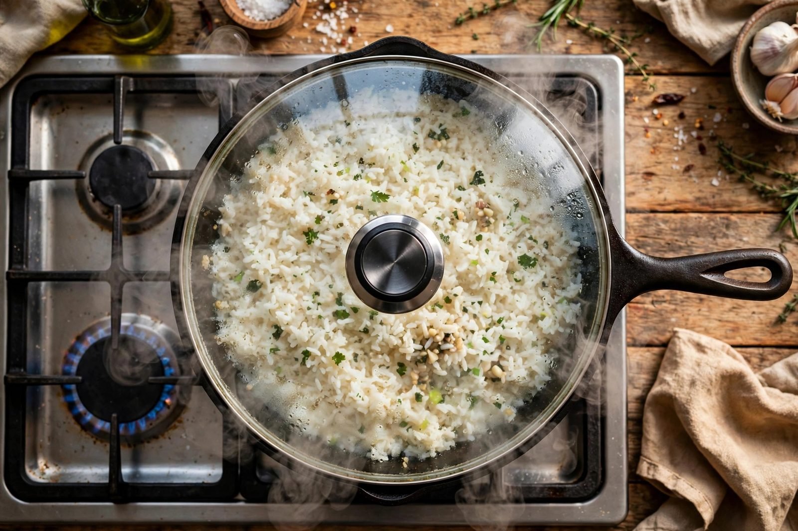 Skillet with lid on, rice steaming and resting
