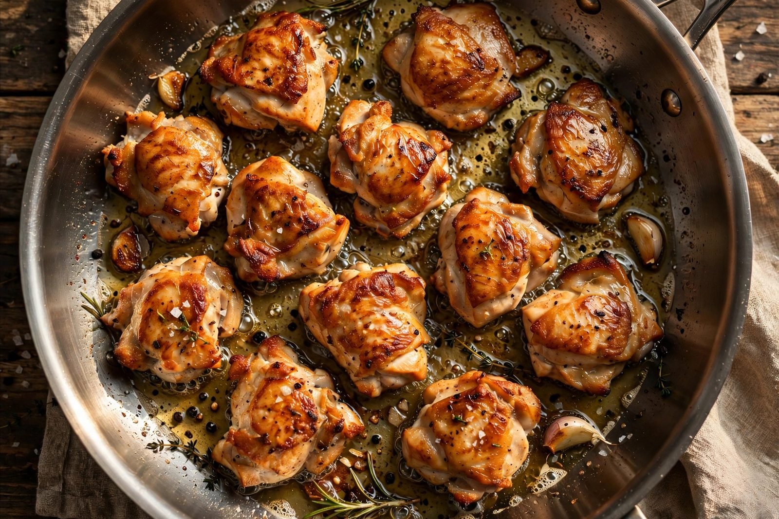Golden chicken pieces searing in a hot skillet