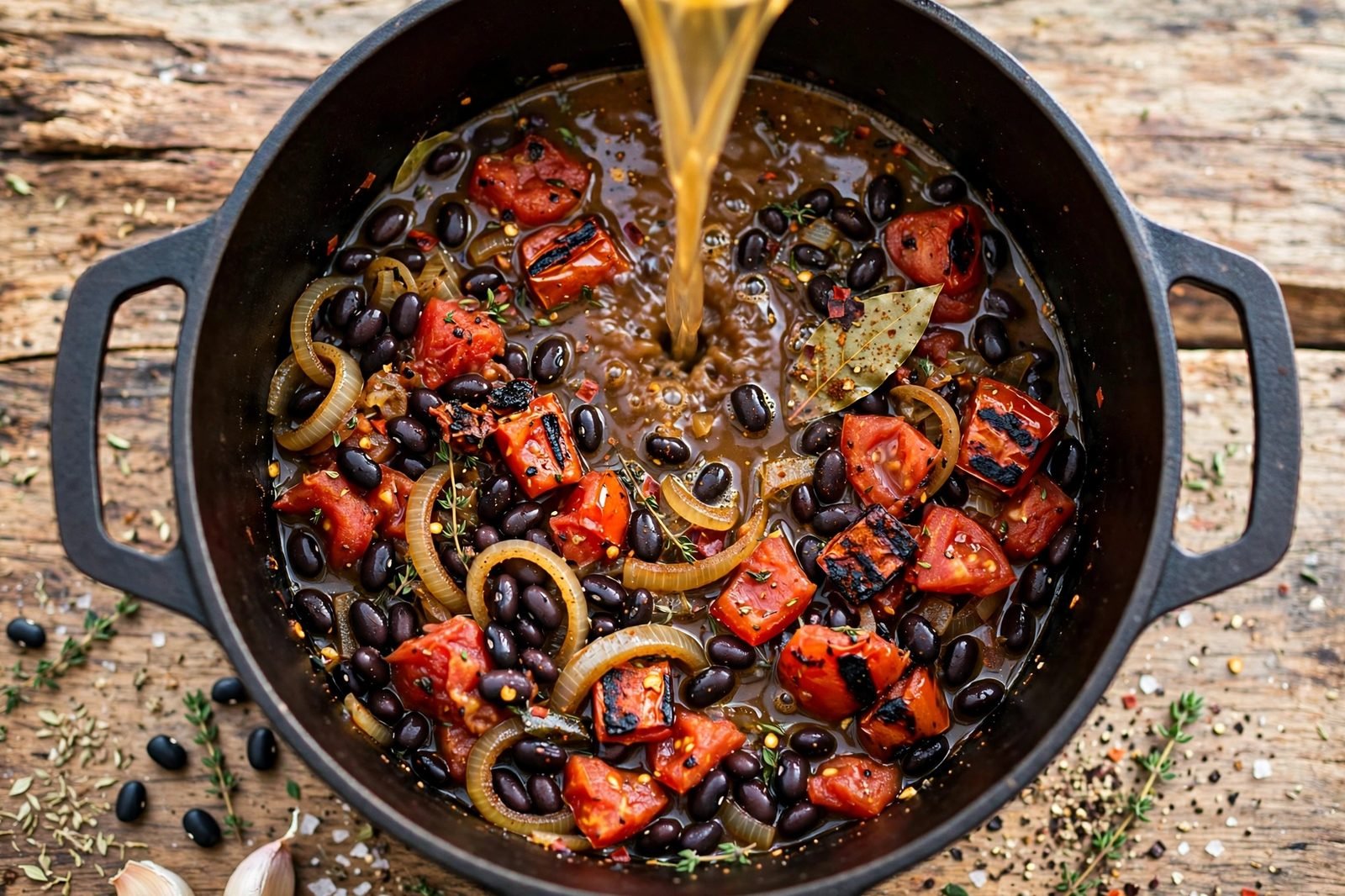 Black beans, fire-roasted tomatoes, and broth added to the pot