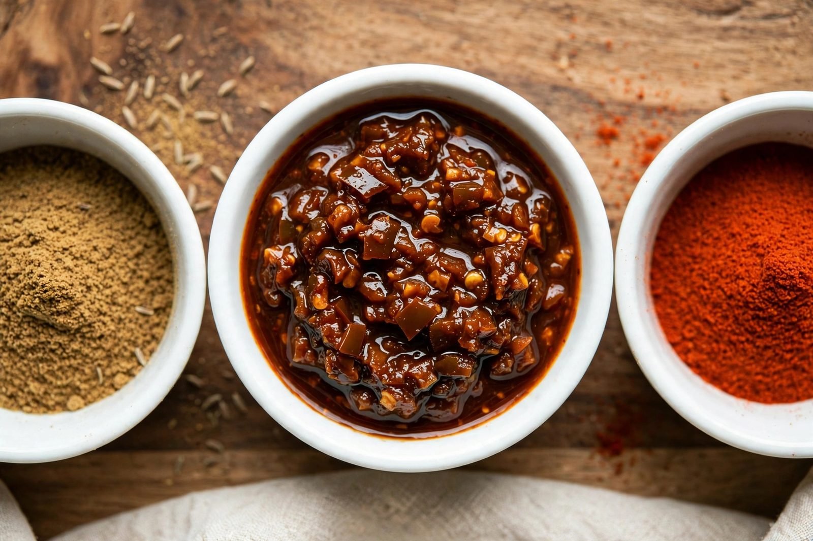 Minced chipotle peppers in adobo sauce beside small bowls of cumin and smoked paprika