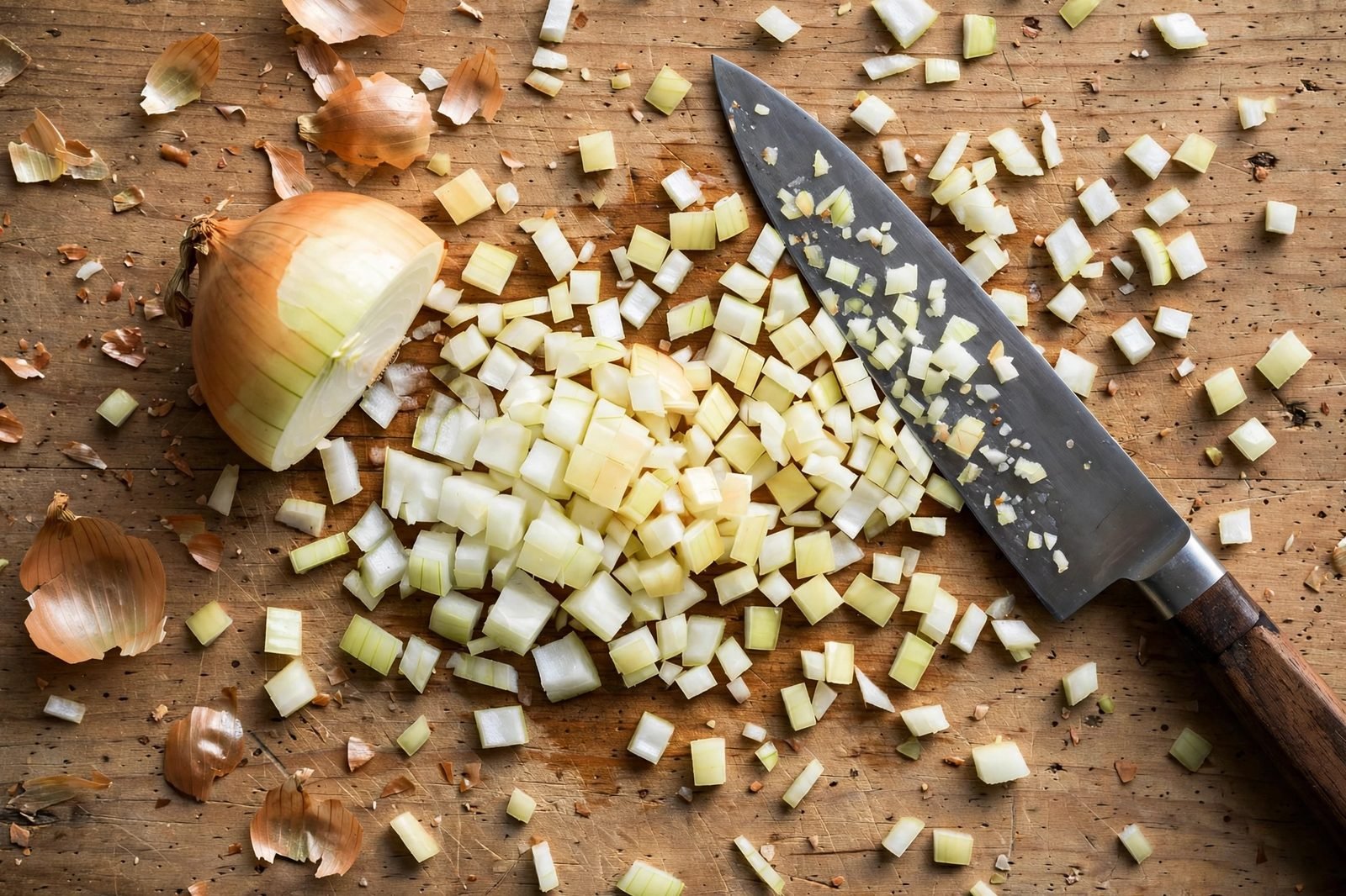 A yellow onion being diced on a wooden cutting board